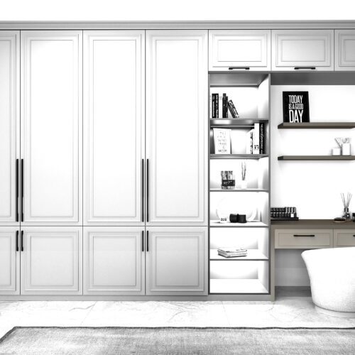 Classico desk set with tall cabinets, open shelves and a worktop in Baltic