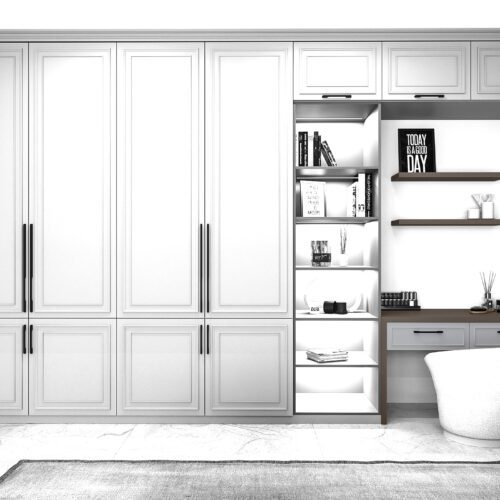 Classico desk set with tall cupboards, open shelves and a worktop in Clair
