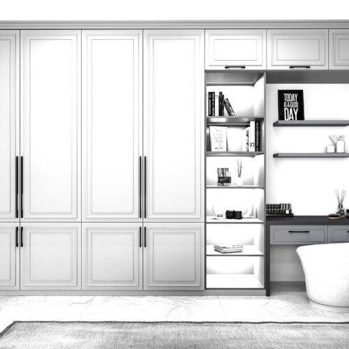 Classico desk set with tall cabinets, open shelves and a worktop in Noir