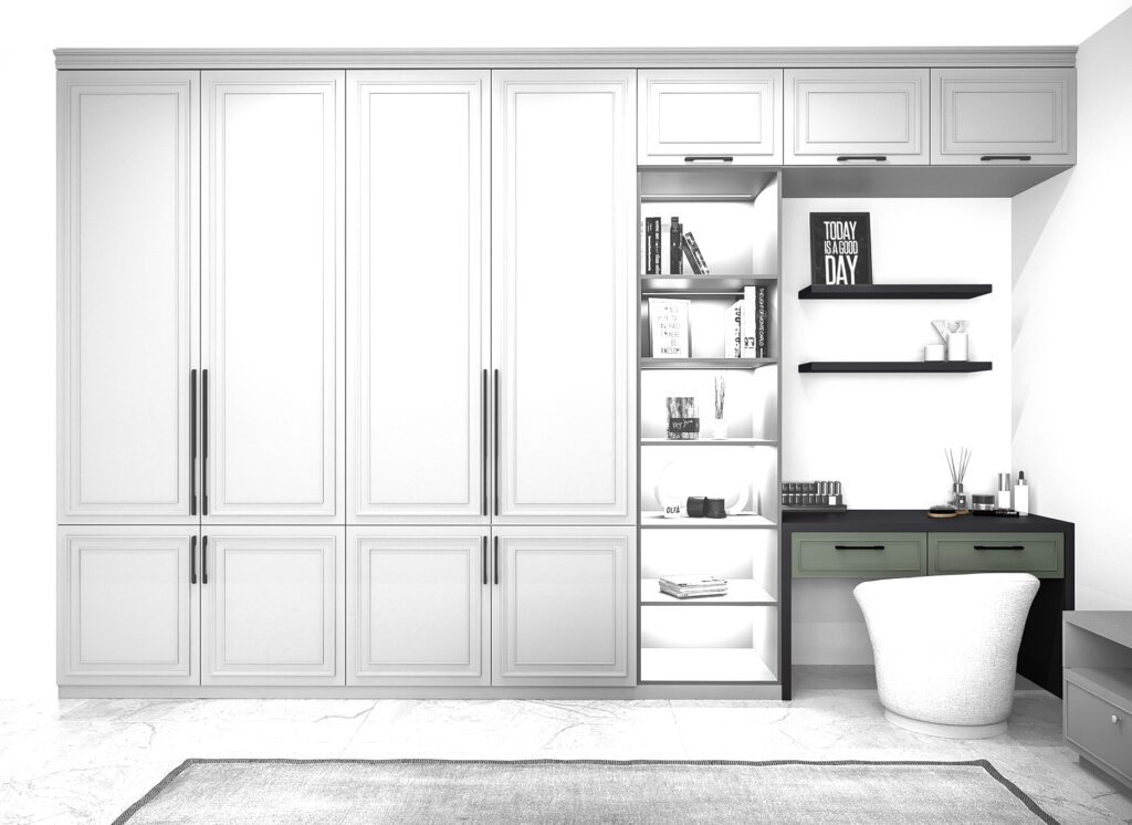 Classico desk set with tall cabinets, open shelves and a worktop in Vert