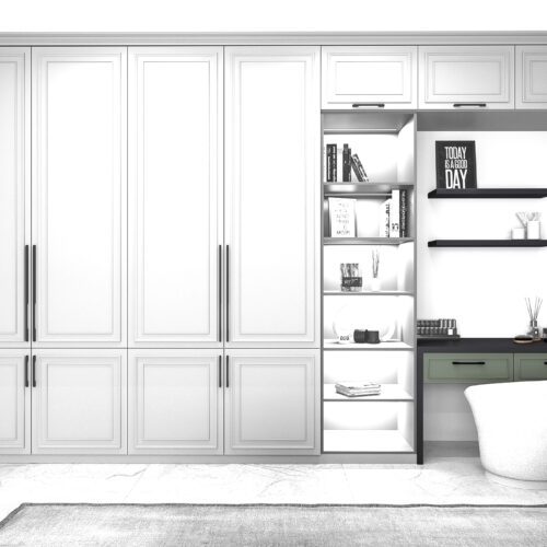 Classico desk set with tall cabinets, open shelves and a worktop in Vert