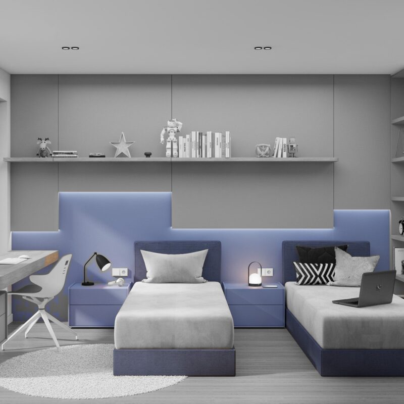 Sezzon bed for a boy’s bedroom with bedside tables