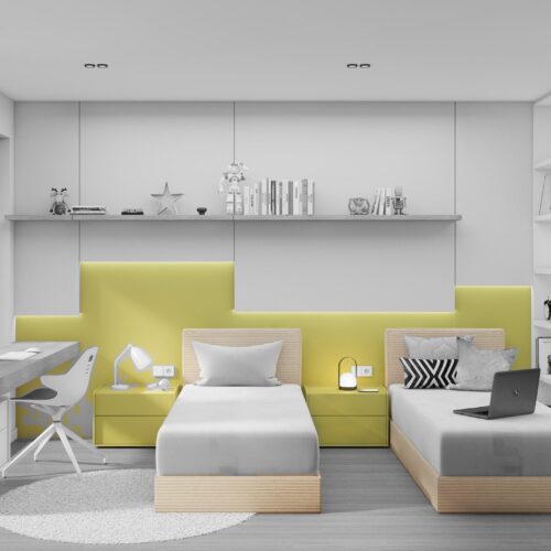 Sezzon bed for a girl’s bedroom with bedside tables – Frozen colour scheme