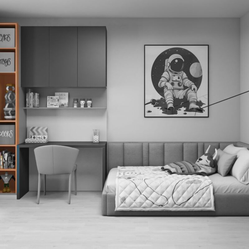 Tall wardrobe with open shelving unit for a boy – Ornamentica