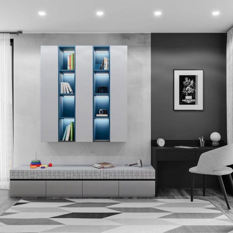 Wall-mounted shelving units combined with a low cabinet for a boy – Structura