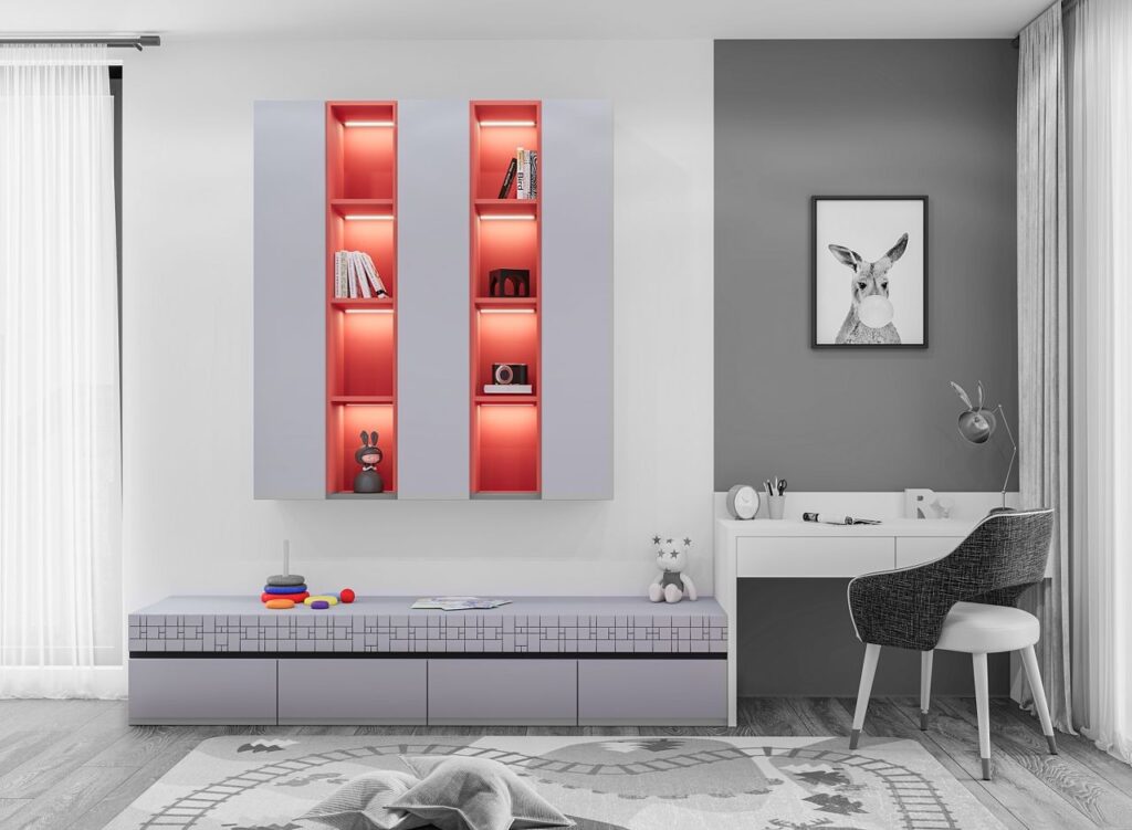 Structura wall-mounted shelving units combined with a low cabinet for a girl – Indigo colour option