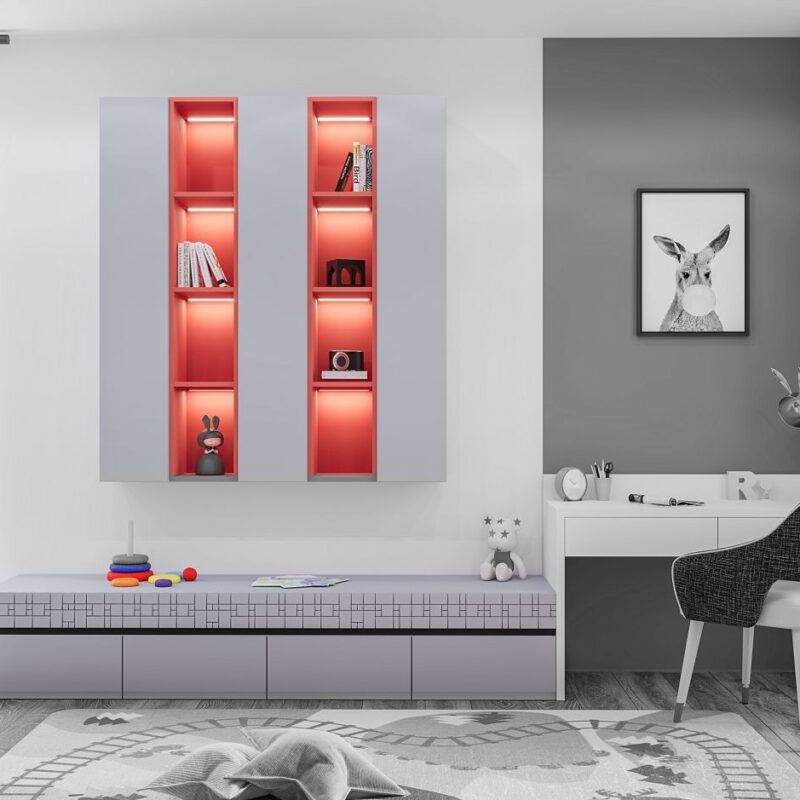 Structura wall-mounted shelving units combined with a low cabinet for a girl
