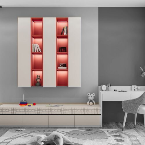 Structura cantilevered shelving units combined with a low cabinet for girls – Terracotta colour option